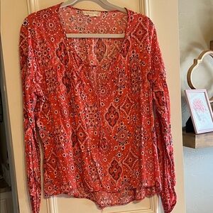 lovestitch Coral  Printed V-Neck Long Sleeve Blouse